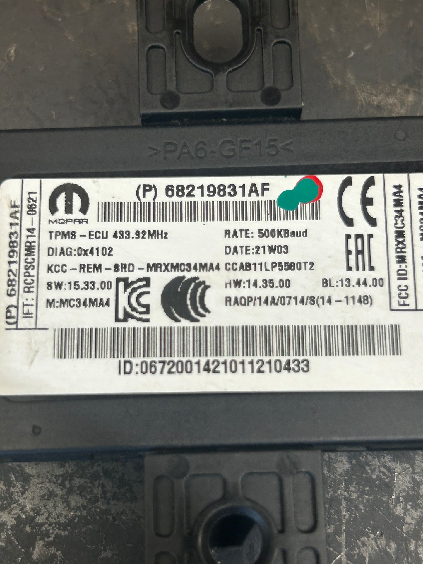 2014-2021 Jeep Dodge Chrysler OEM Tire Pressure Monitoring Module 68219831AF