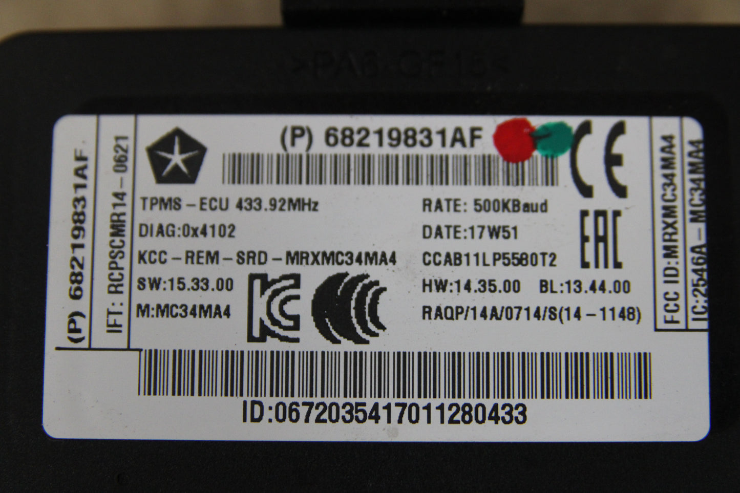14-21 Mopar Dodge Jeep Chrysler TPMS Tire Pressure Monitoring Module 68219831AF