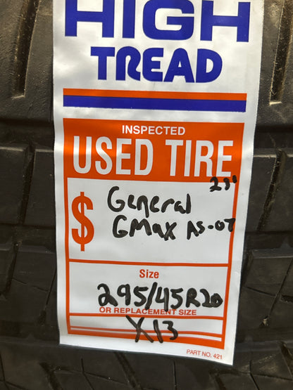 1x Used Tire General Gmax AS-07 UHP 114V All Seasons Performance 295/45/20