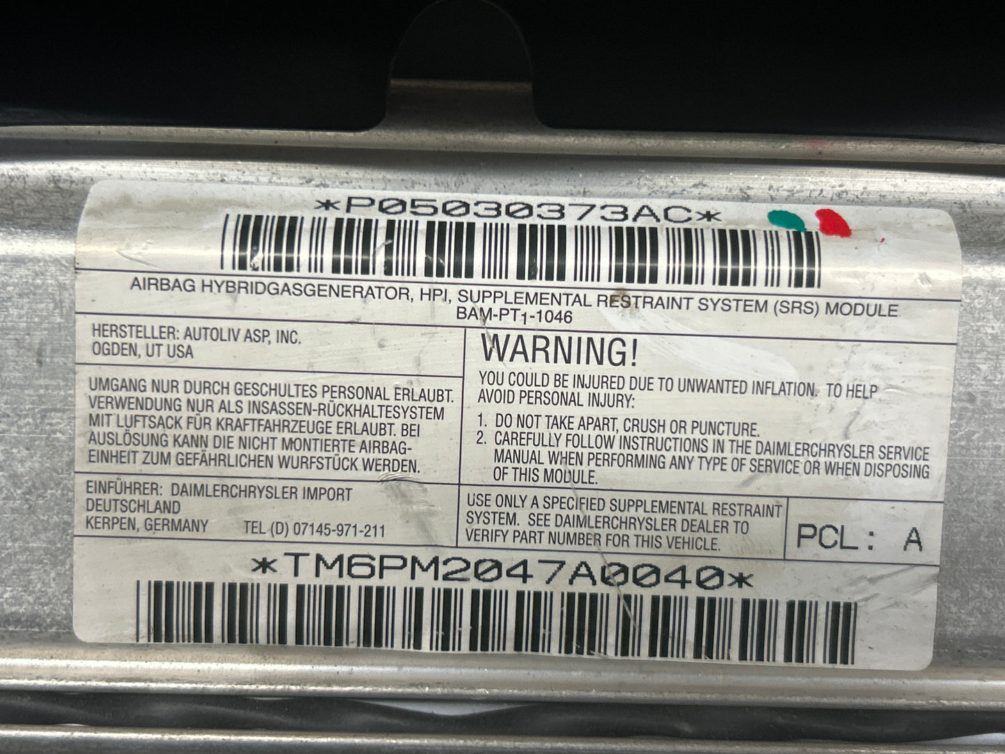 2008–2010 Dodge Viper Passenger Side Dash Instrument Panel Airbag GEN 4 OEM 05030373AC