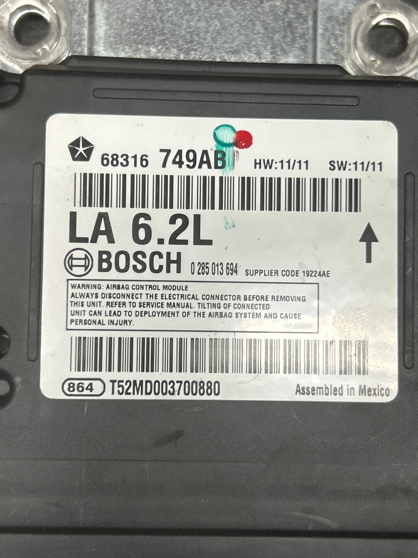 15-23 DODGE CHALLENGER HELLCAT BAG DIAGNOSTIC CONTROL MODULE SRS 68316749 OEM