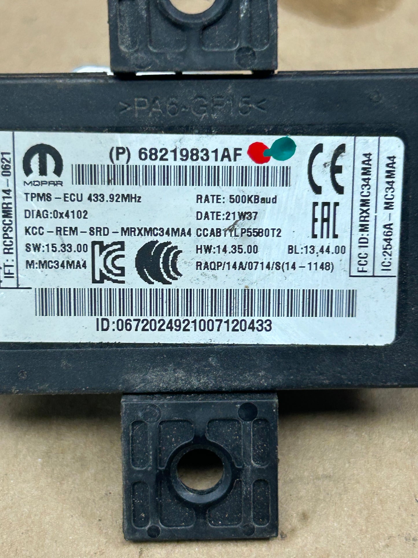 2014-2021 Jeep Dodge Chrysler Tire Pressure Monitor Module OEM USED 68219831AB